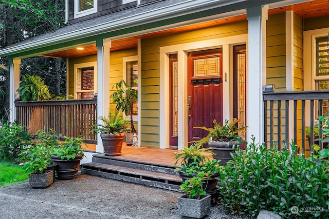 entrance to property featuring covered porch and a shingled roof
