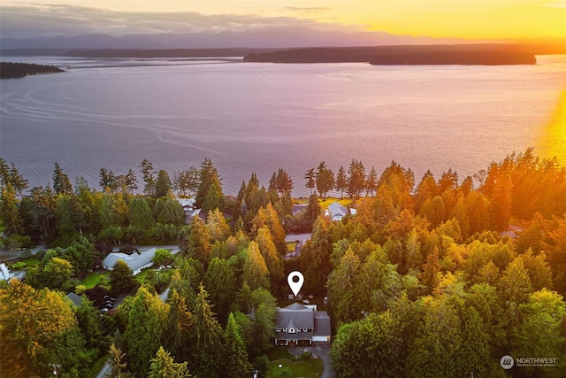 aerial view at dusk featuring a water view