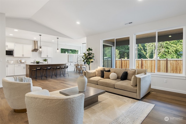 living room featuring wood-type flooring and lofted ceiling