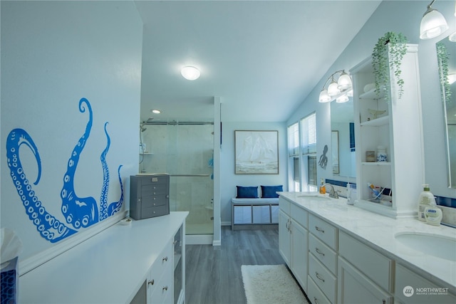 bathroom featuring lofted ceiling, an enclosed shower, wood-type flooring, and vanity