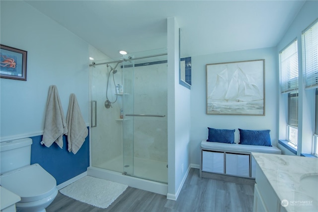 bathroom with vanity, toilet, wood-type flooring, and walk in shower