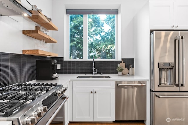 kitchen with sink, white cabinets, premium appliances, and decorative backsplash