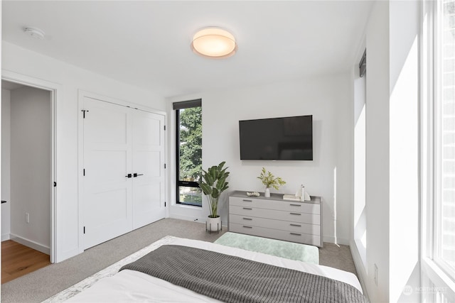 carpeted bedroom with a closet