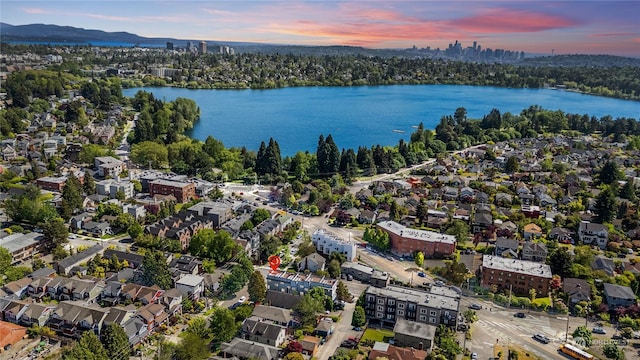 aerial view at dusk with a water view