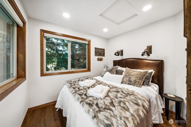 132 Hellem Dr, Packwood, WA 98361 - bedroom featuring wood finished floors, attic access, and recessed lighting