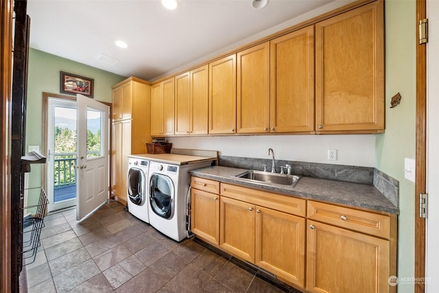 132 Hellem Dr, Packwood, WA 98361 - laundry area featuring washer and clothes dryer, cabinet space, recessed lighting, and dark stone finish floors