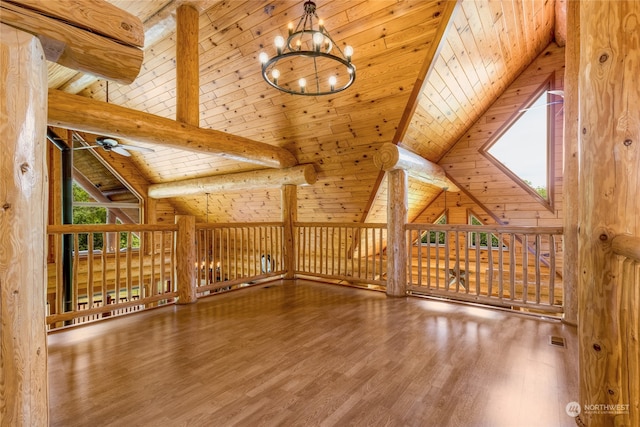 bonus room with ceiling fan, hardwood / wood-style floors, beam ceiling, high vaulted ceiling, and wooden ceiling