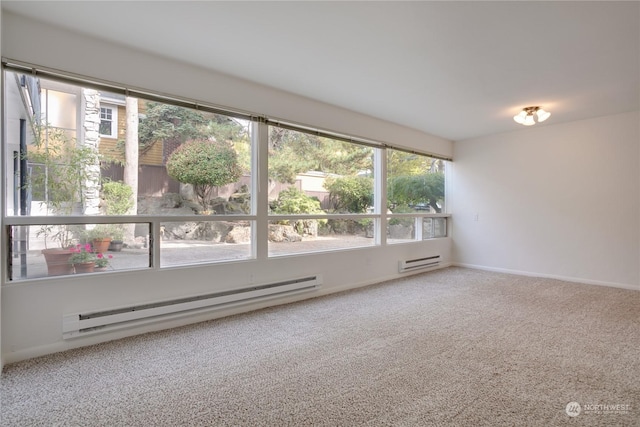 carpeted empty room featuring baseboard heating