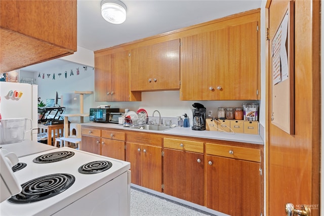 kitchen with sink, white fridge, and range