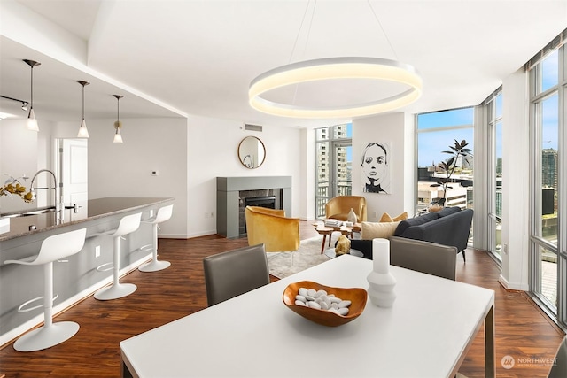 dining area with dark hardwood / wood-style floors, floor to ceiling windows, and sink