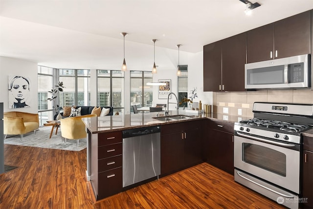 kitchen with kitchen peninsula, sink, stainless steel appliances, and dark wood-type flooring