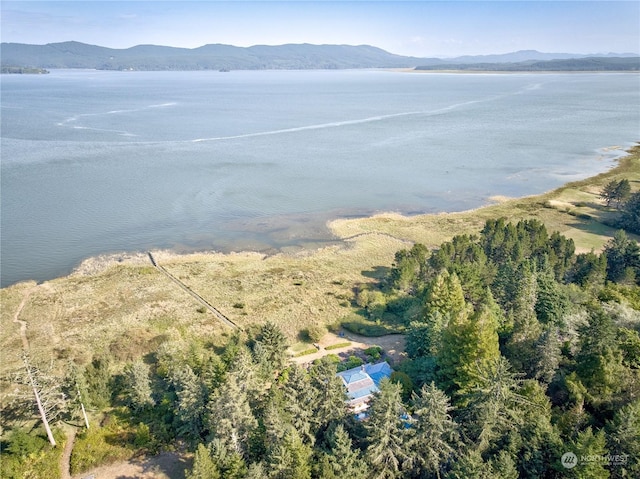 drone / aerial view featuring a water and mountain view