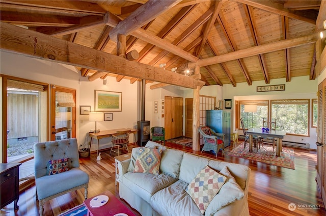 living room featuring a wood stove, a baseboard radiator, beamed ceiling, wood ceiling, and hardwood / wood-style flooring