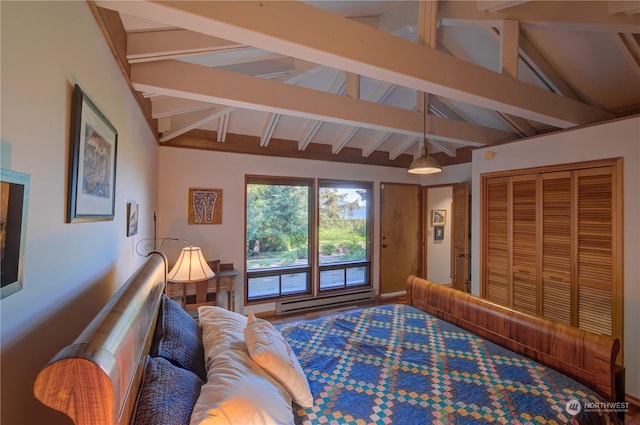 bedroom featuring vaulted ceiling with beams, a closet, access to outside, and a baseboard radiator