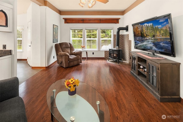 81 Hawthorn Ln, Easton, WA 98925 - living room featuring a wood stove, wood finished floors, and a ceiling fan
