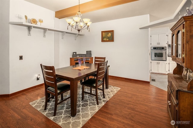 81 Hawthorn Ln, Easton, WA 98925 - dining room featuring a chandelier, dark wood finished floors, and beamed ceiling