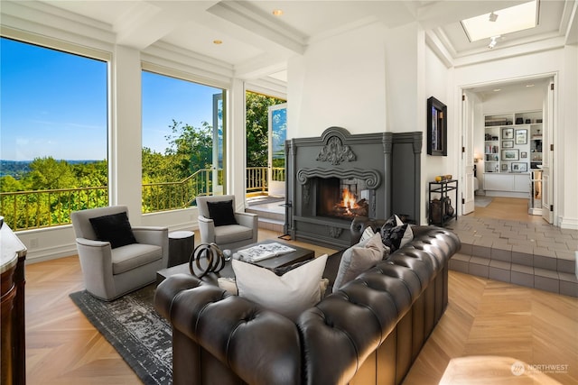 living room with a multi sided fireplace, coffered ceiling, light parquet floors, and beam ceiling