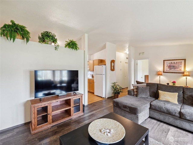 living room with lofted ceiling and dark hardwood / wood-style floors