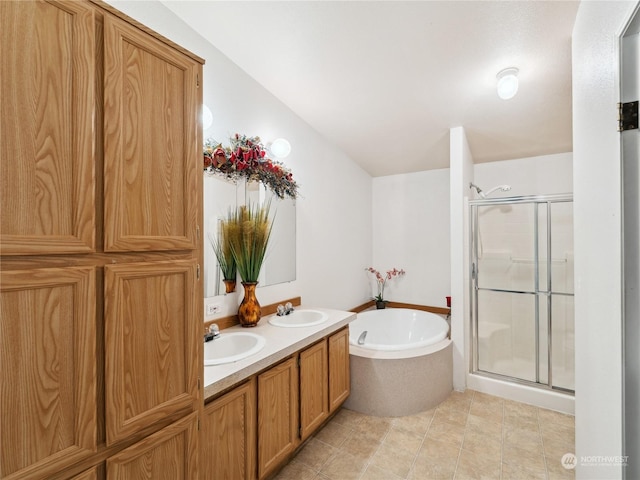 bathroom with vanity and plus walk in shower