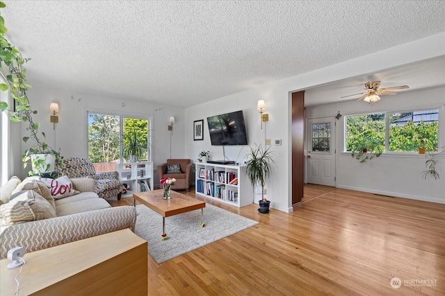 living room with plenty of natural light, light hardwood / wood-style floors, and a textured ceiling