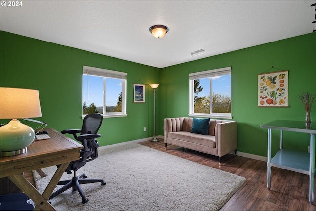 office with dark hardwood / wood-style floors and a wealth of natural light