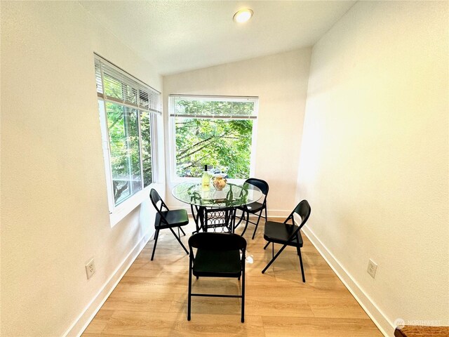 dining room featuring vaulted ceiling and light wood-type flooring