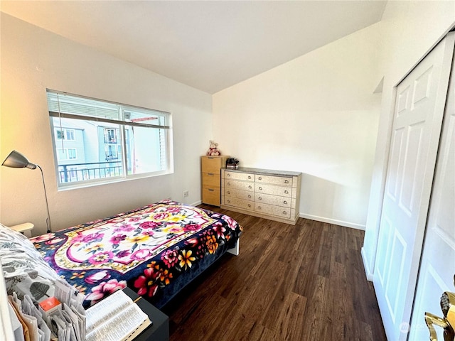 bedroom with dark hardwood / wood-style flooring and a closet