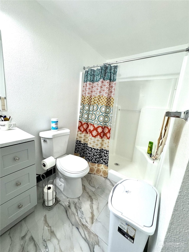 bathroom with vanity, curtained shower, and toilet