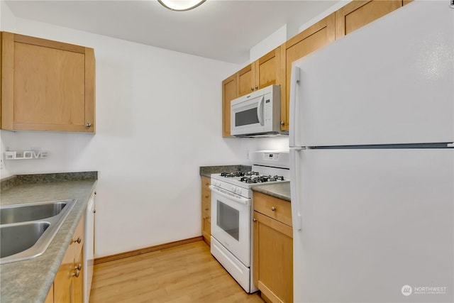 kitchen with sink, light hardwood / wood-style floors, and white appliances