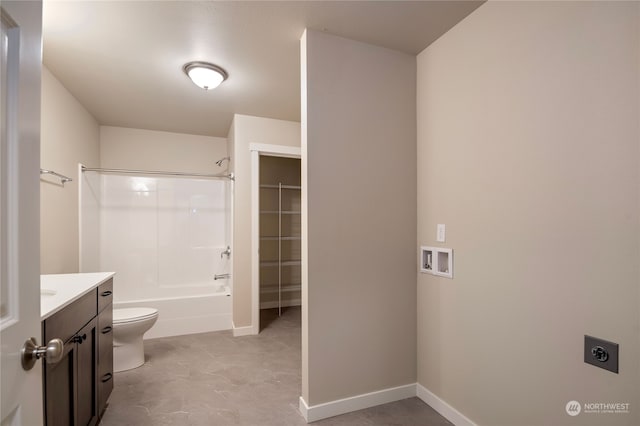 full bathroom with concrete floors, shower / bath combination, vanity, and toilet