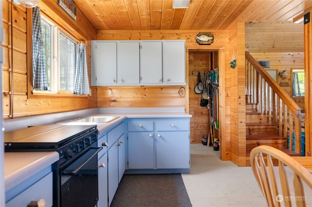 kitchen featuring wooden walls, plenty of natural light, white cabinets, and high end stove