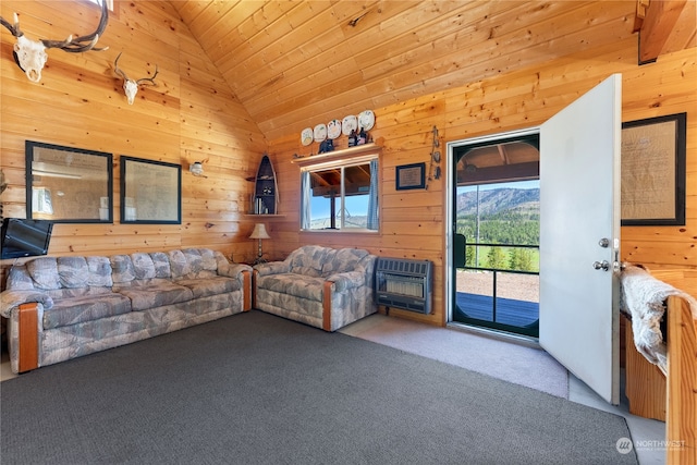 living room with carpet, wooden walls, lofted ceiling, and wood ceiling