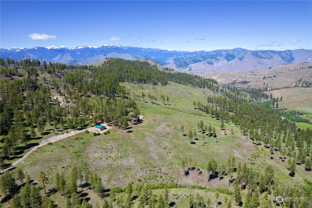 drone / aerial view featuring a mountain view