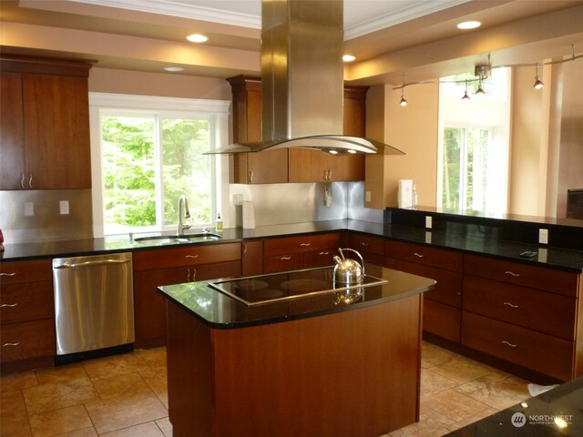 kitchen with sink, tasteful backsplash, island range hood, and stainless steel dishwasher