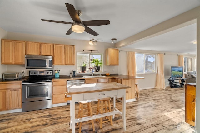 kitchen with ceiling fan, sink, stainless steel appliances, and light wood-type flooring