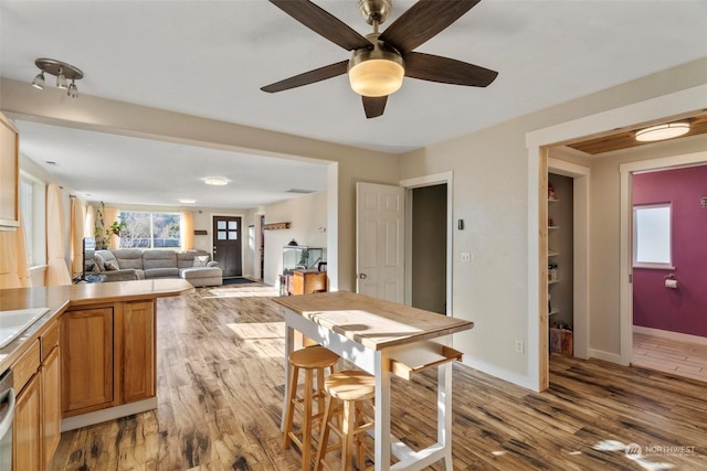 dining area featuring ceiling fan and light wood-type flooring