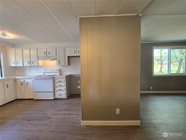 kitchen featuring white cabinetry, electric range, tasteful backsplash, and hardwood / wood-style floors