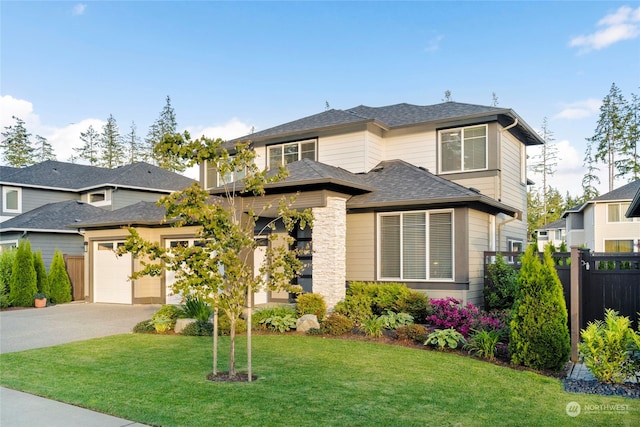 prairie-style home with a garage and a front lawn