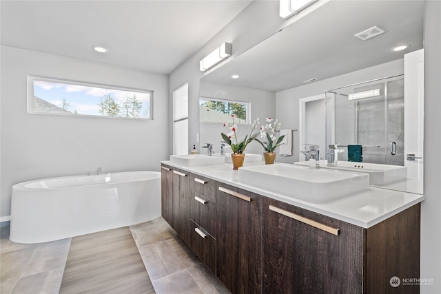 bathroom featuring vanity, wood-type flooring, and independent shower and bath