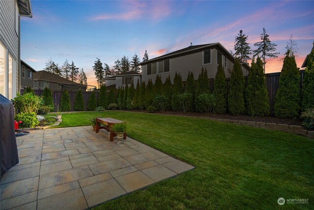 yard at dusk with a patio area