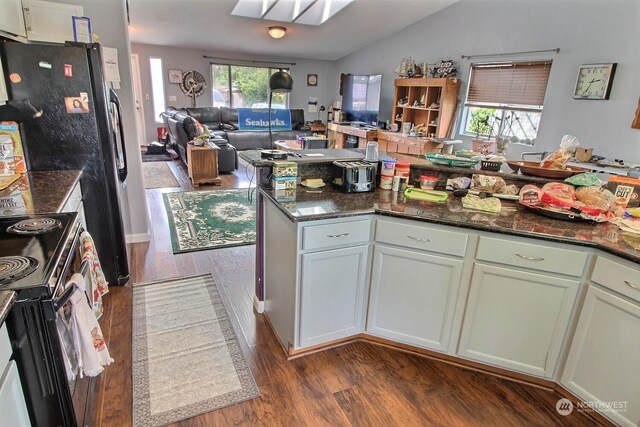 kitchen with vaulted ceiling, plenty of natural light, and dark stone countertops