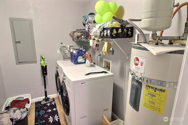 washroom with electric water heater, electric panel, and washing machine and clothes dryer