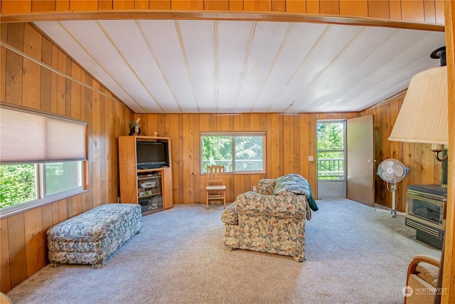 carpeted living room featuring a wood stove and vaulted ceiling