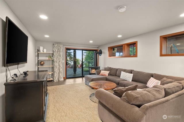 living room with light tile patterned flooring