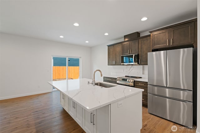 11118 NE 91st Ave, Vancouver, WA 98662 - kitchen with decorative backsplash, a sink, appliances with stainless steel finishes, dark brown cabinetry, and a kitchen island with sink