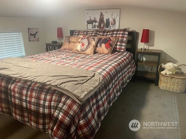 bedroom with dark carpet