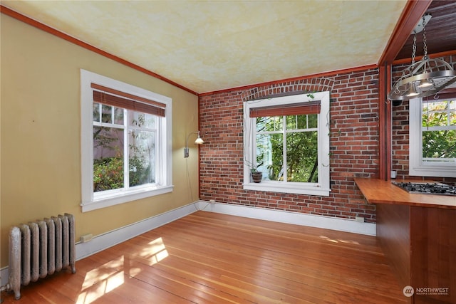 interior space with brick wall, wood-type flooring, and radiator