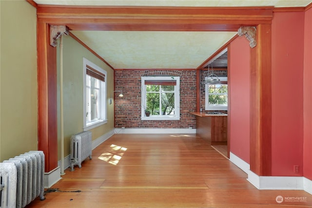 interior space featuring light hardwood / wood-style floors, radiator heating unit, and brick wall