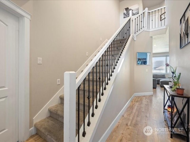 stairway featuring a high ceiling and hardwood / wood-style floors