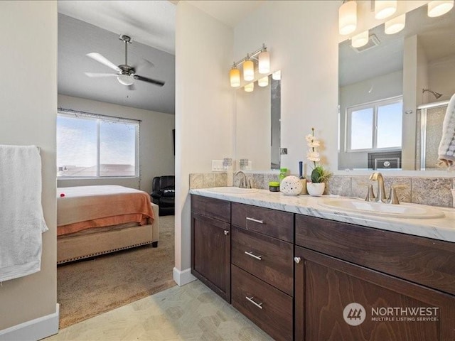 bathroom with vanity, an enclosed shower, vaulted ceiling, and ceiling fan